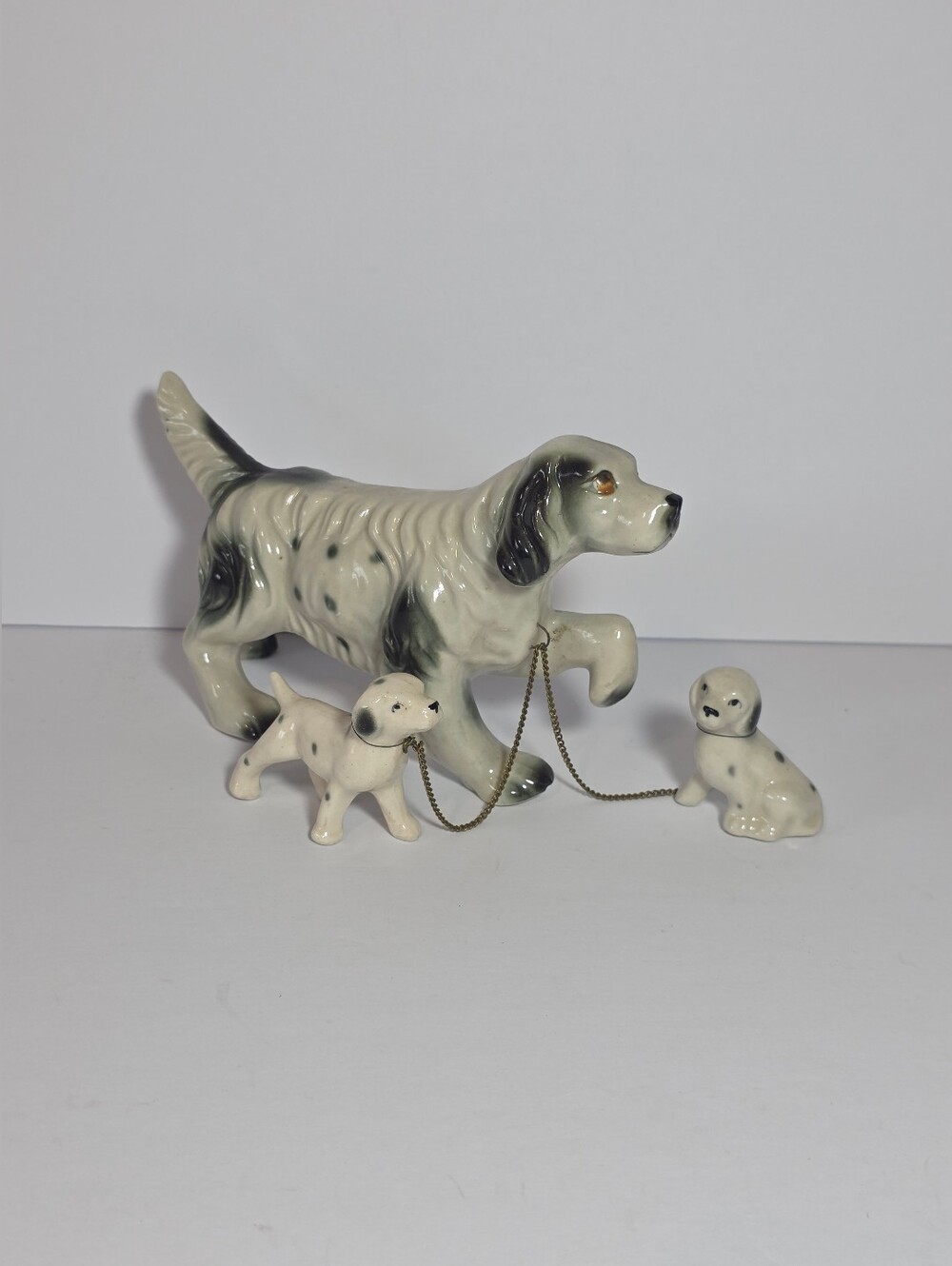 Vintage Ries Ceramic Dog Hunter Figurine Set Mother Setter Pointer Style 3pc